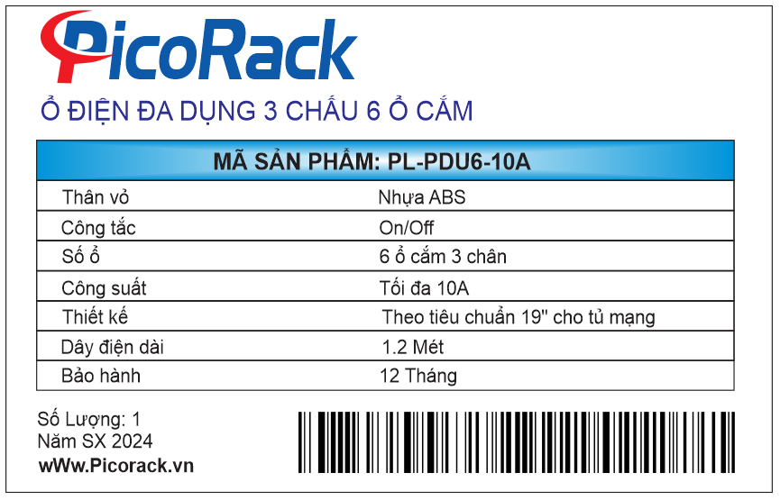 Thanh nguồn PDU Đa năng 6 ổ cắm 10A dùng cho tủ mạng